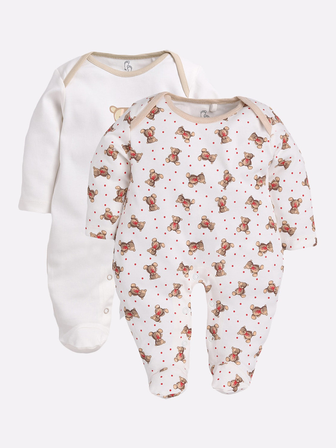 BABY GO Infant Kids Set Of 2 White & Beige Printed Sleepsuits