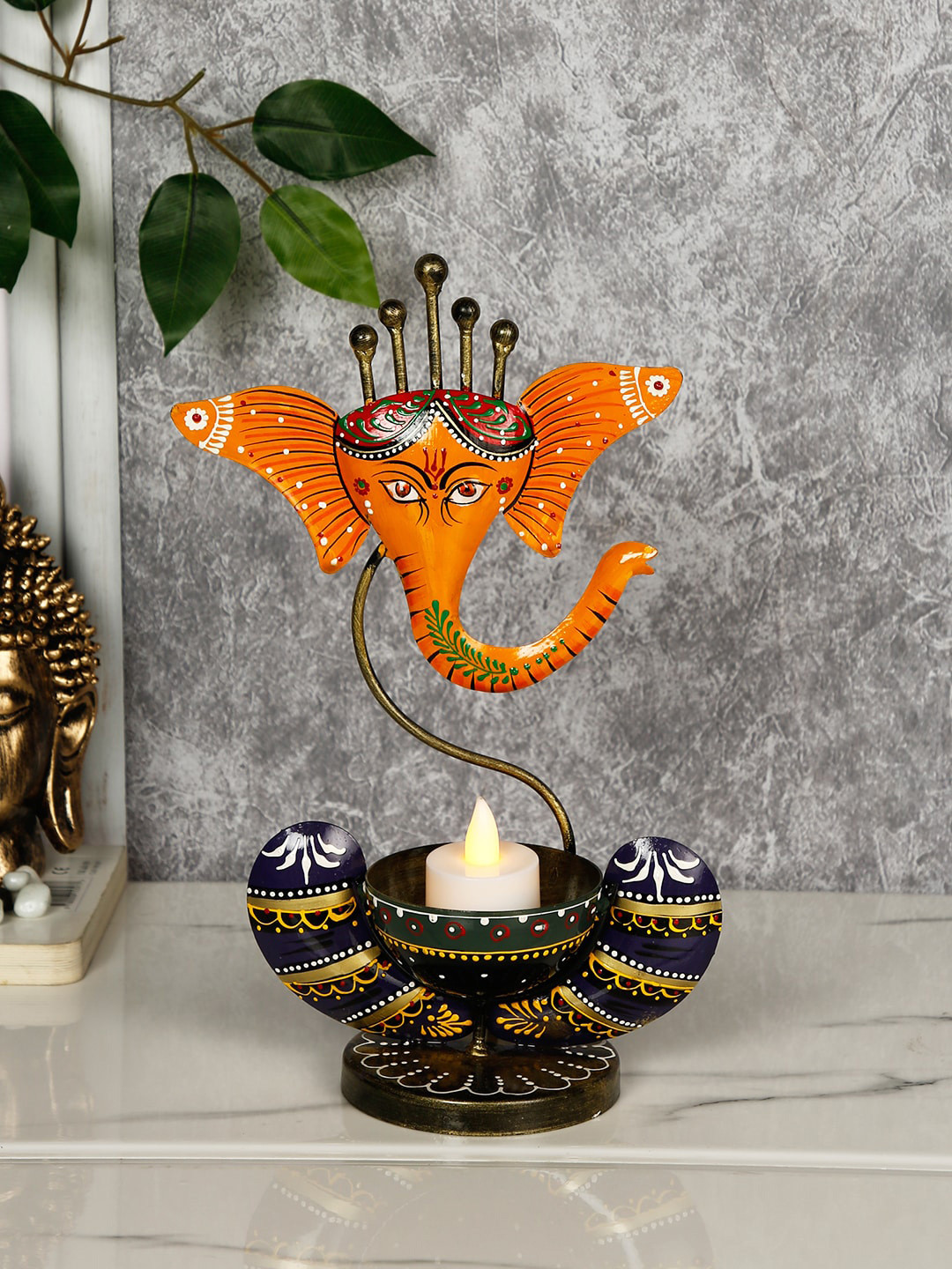 CraftVatika Ganesha Tealight Candle Holders Orange Metal Metallic Home Office Lights Medium Showpiece - 6.5 Inches