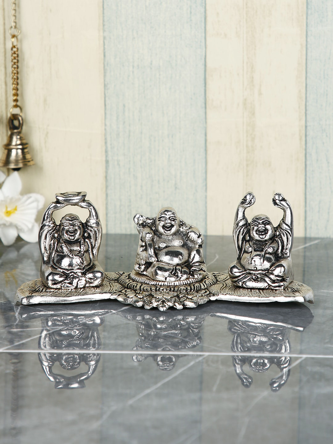 CraftVatika Laughing Buddha Silver Metal Metallic Living Room Tiny Showpiece - 3 Inches