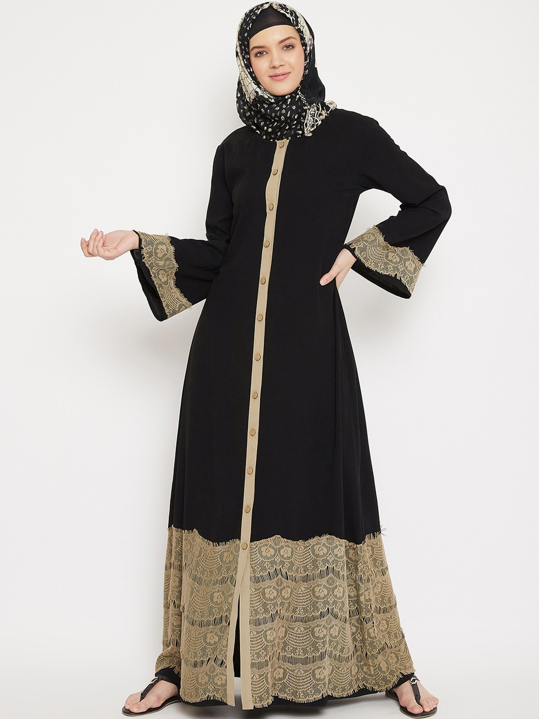 MOMIN LIBAS Women Black & Beige Solid Abaya Burqa with Lace Detail
