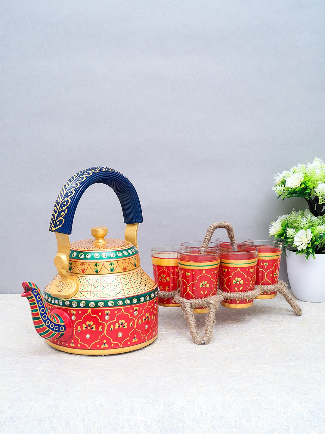 Golden Peacock Red   Gold Set of 8 Handpainted Aluminium Kettle   Glass With Holder