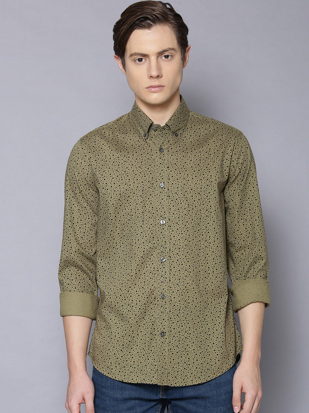 BEN SHERMAN Men Olive Green & Black Regular Fit Printed Casual Shirt