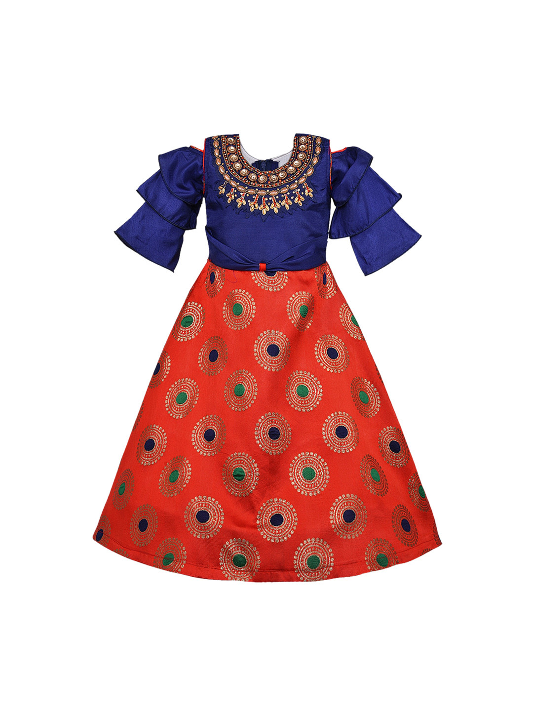 Wish Karo Girls Red & Navy Blue Ethnic Patterned Silk Maxi Gown