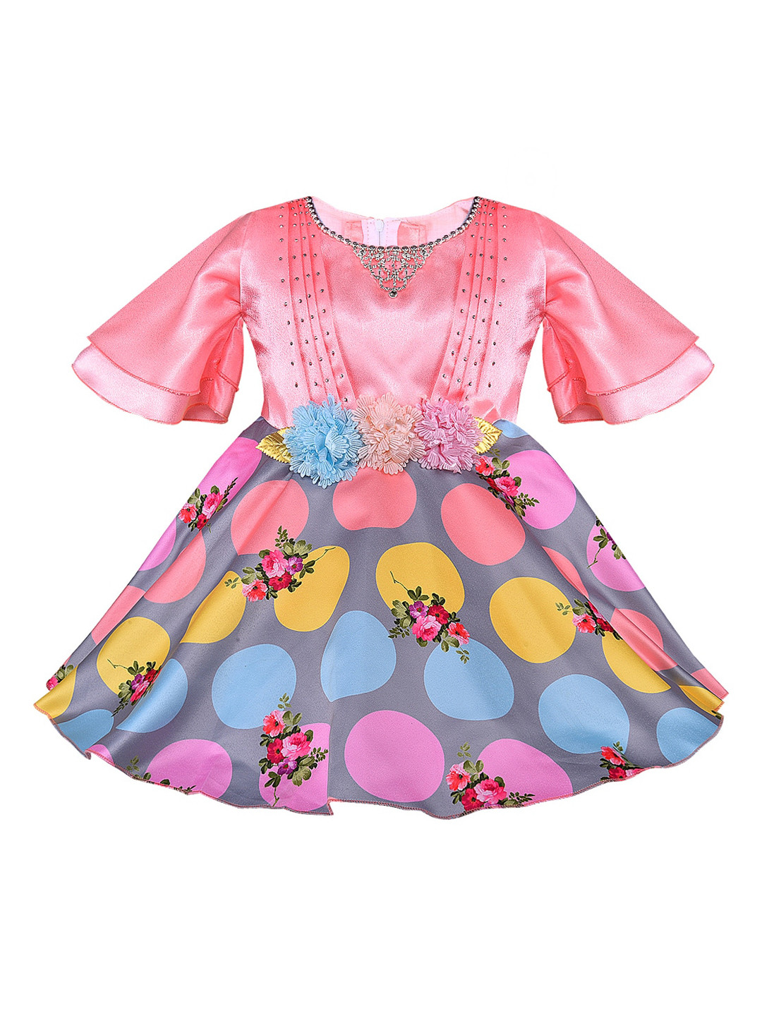 Wish Karo Girls Pink & Grey Geometric Print Satin Finish Fit and Flare Dress