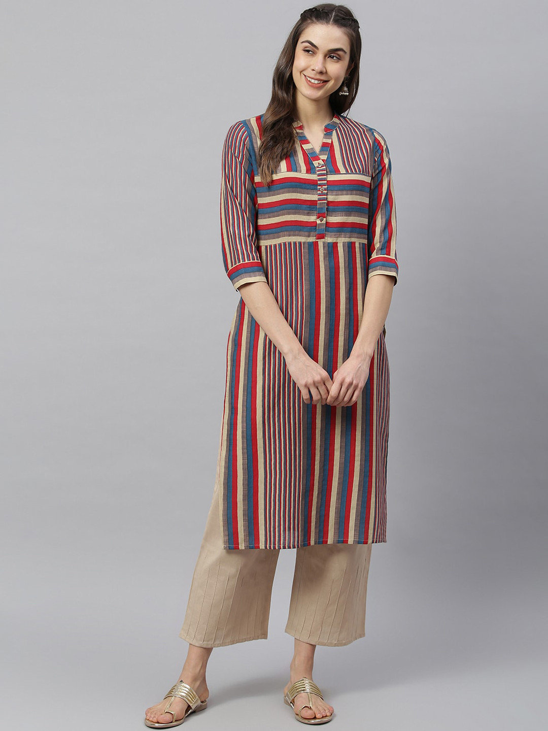 HK colours of fashion Women Red & Beige Striped Kurta