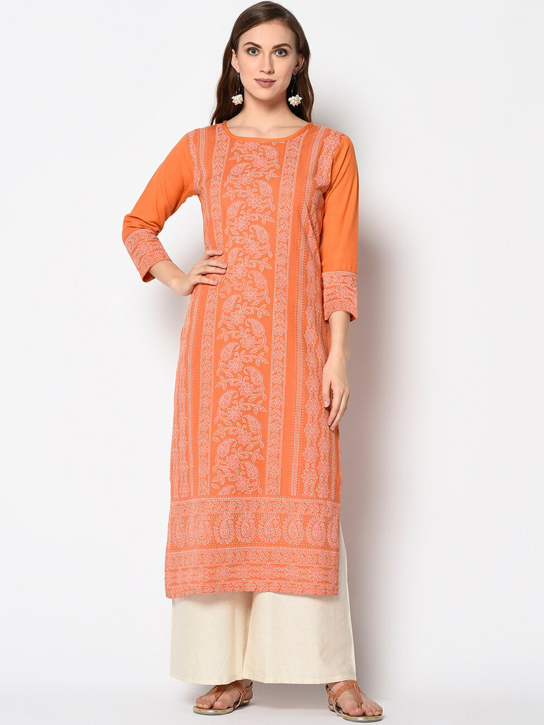 Kvsfab Women Orange & Off White Ethnic Motifs Printed Block Print Kurta