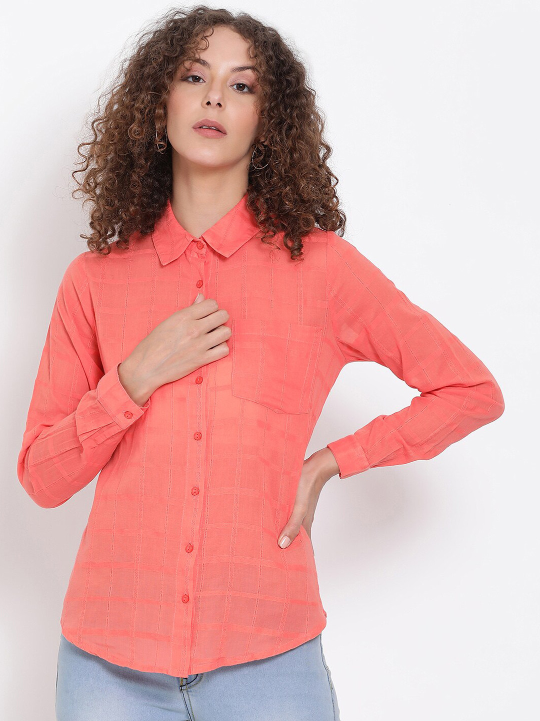 Oxolloxo Women Coral Regular Fit Checked Casual Dobby Shirt