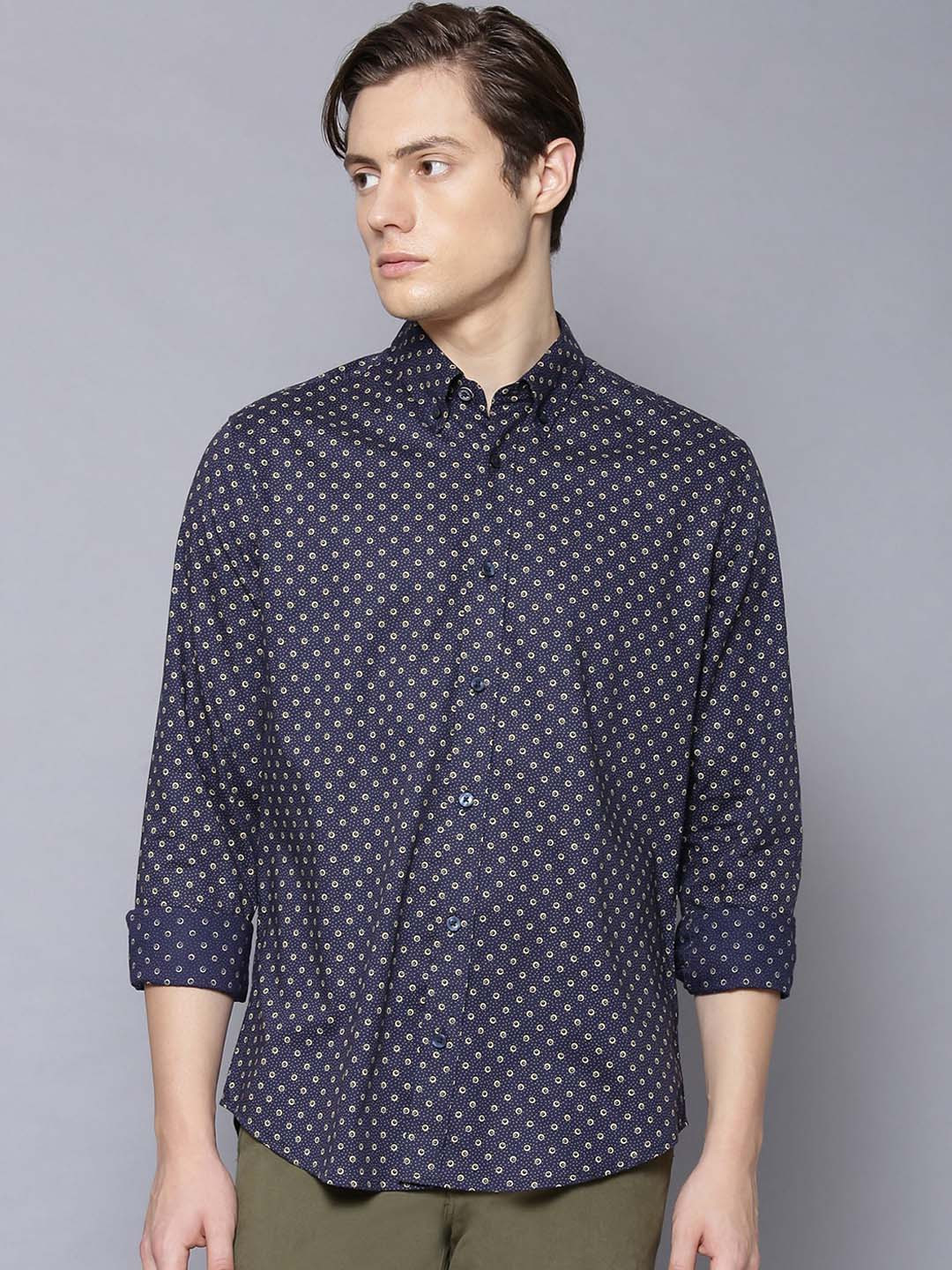 BEN SHERMAN Men Navy Blue & Beige Regular Fit Printed Casual Shirt