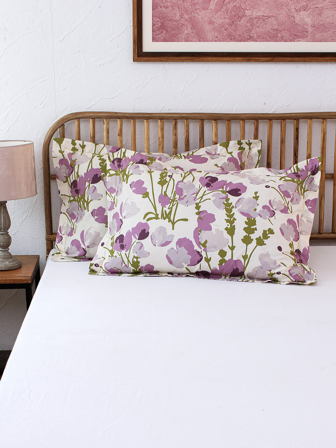 House This Set of 2 White & Purple Himalayan Poppies Printed Cotton Pillow Covers