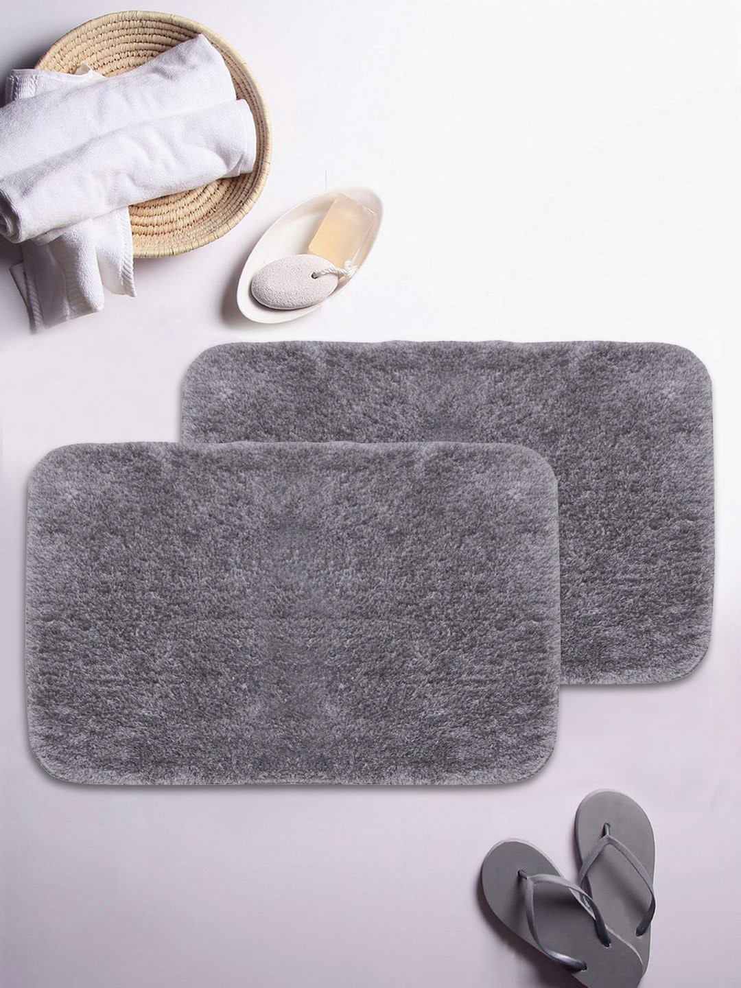 BIANCA Set Of 2 Grey Solid 1850 GSM Anti-Skid Ultra-Soft Fluffy Bath Rugs