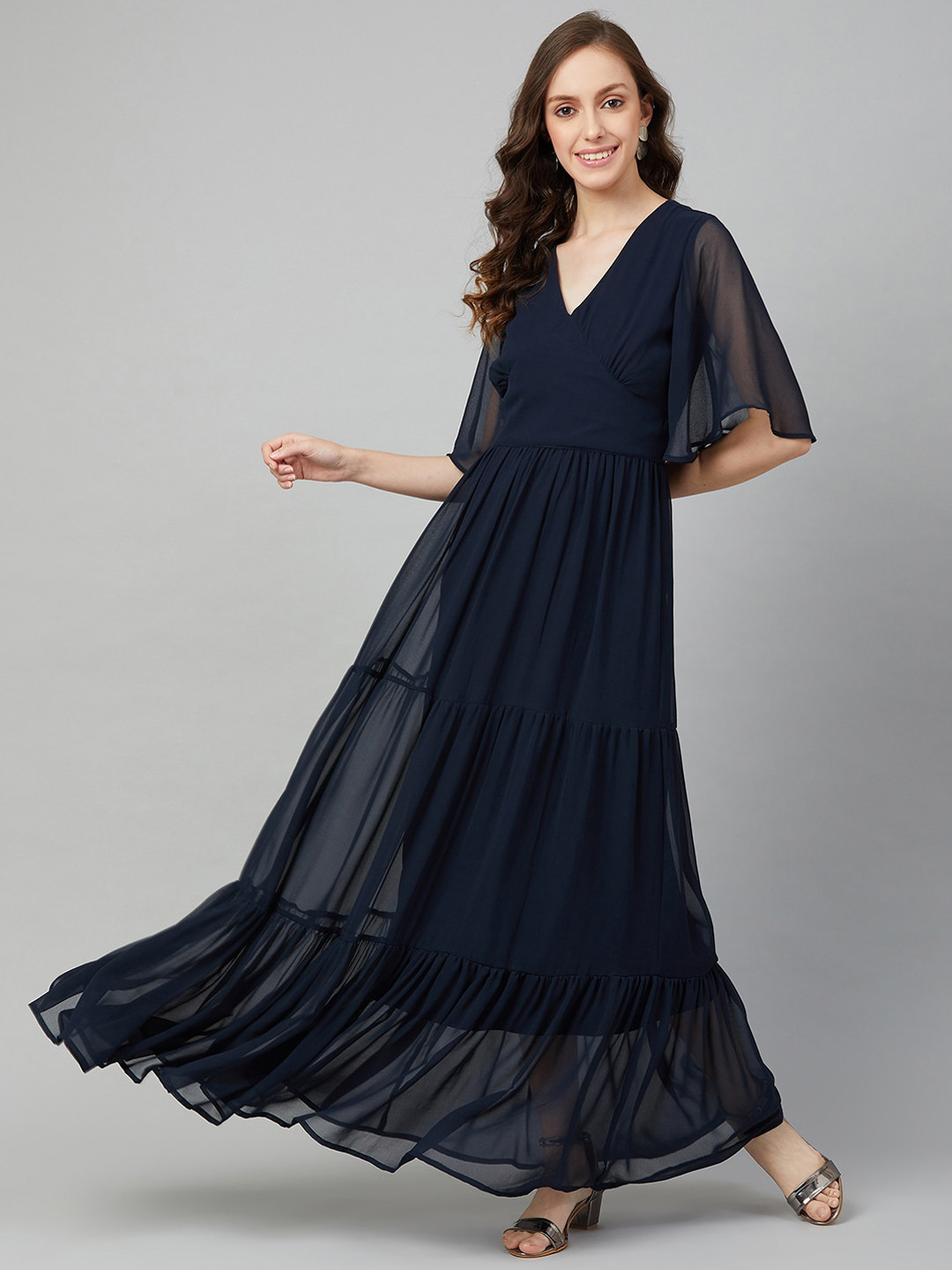 RARE Women Navy Blue Solid Tiered Maxi Dress with Sheer Sleeves