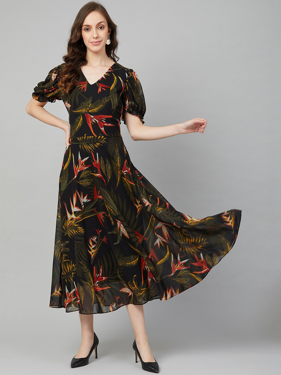 RARE Women Black & Olive Green Printed Midi A-Line Dress