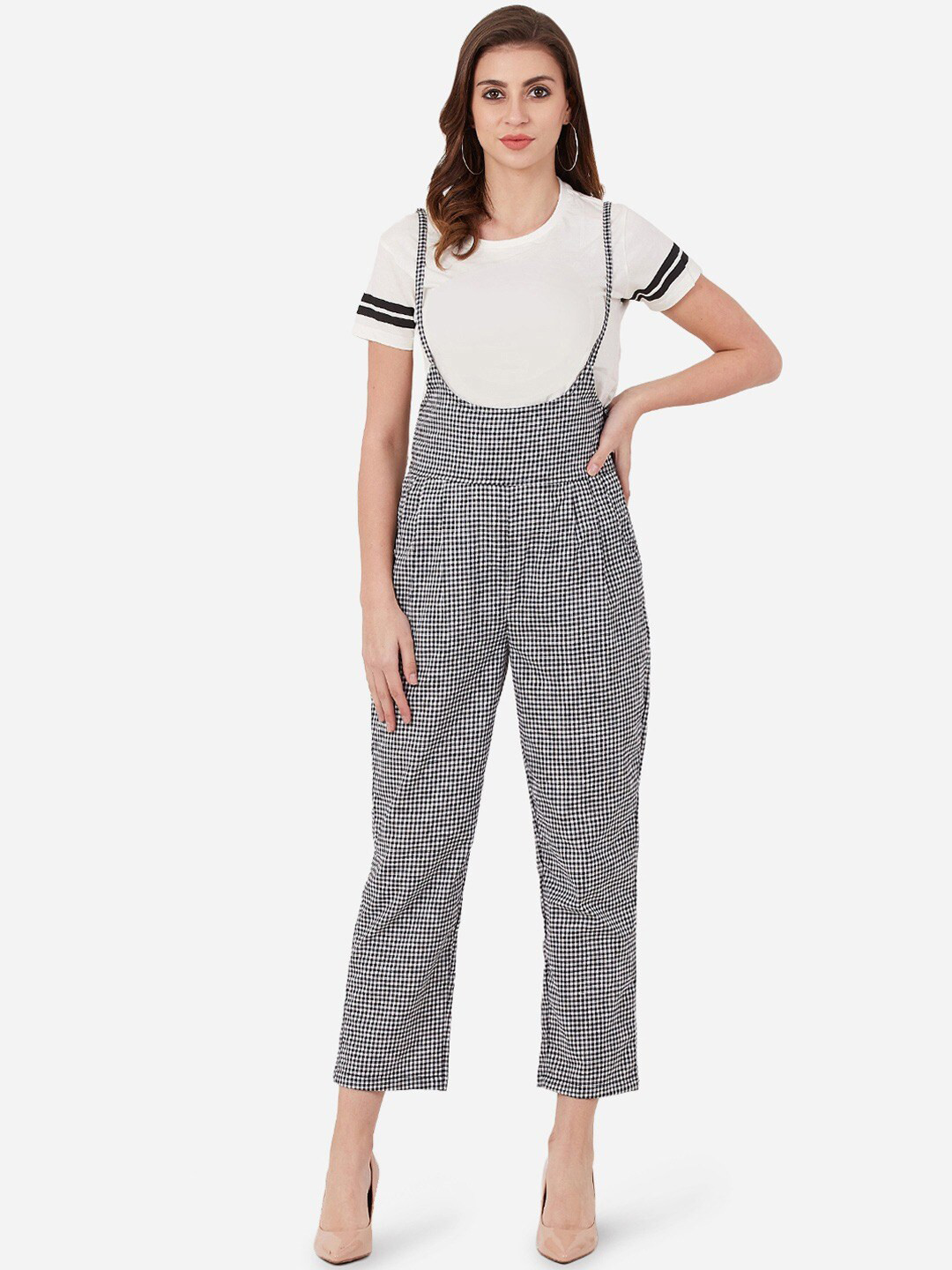 Indietoga Women Black & White Checked Slim-Fit Plus Size Dungarees