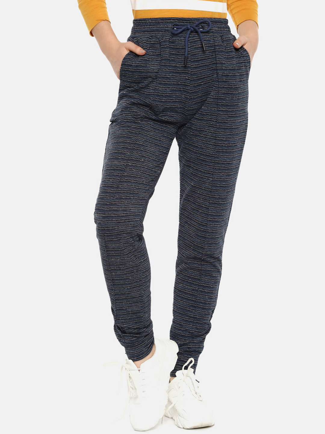 Campus Sutra Women Charcoal Grey & White Striped Straight-Fit Track Pants