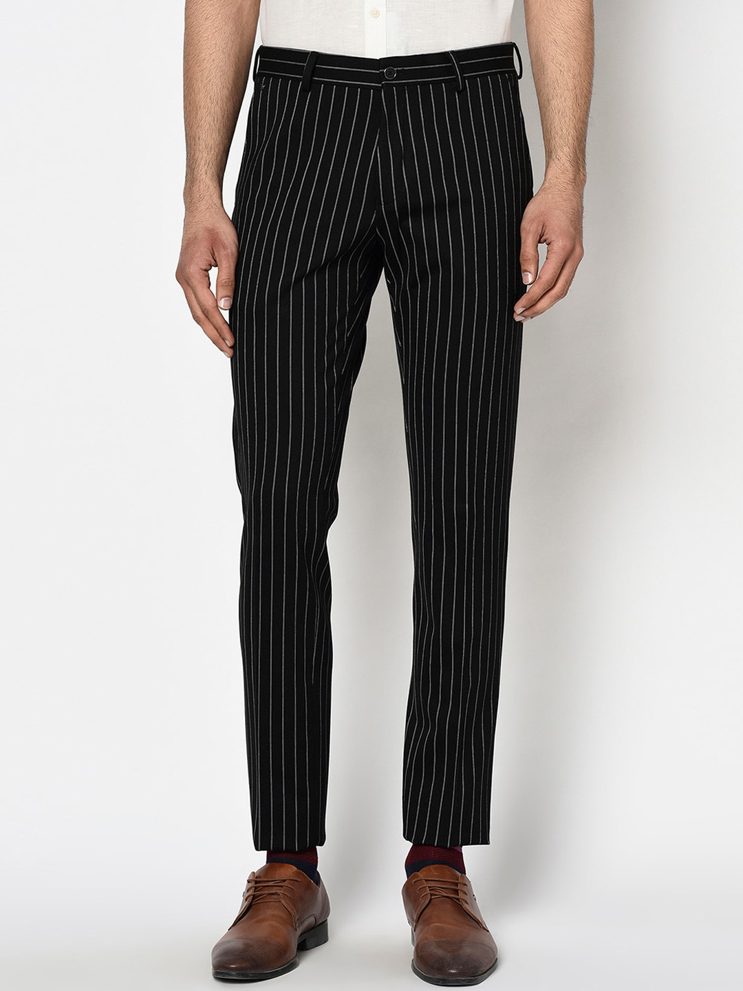 Blackberrys Men Black & White Skinny Fit Striped Formal Trousers