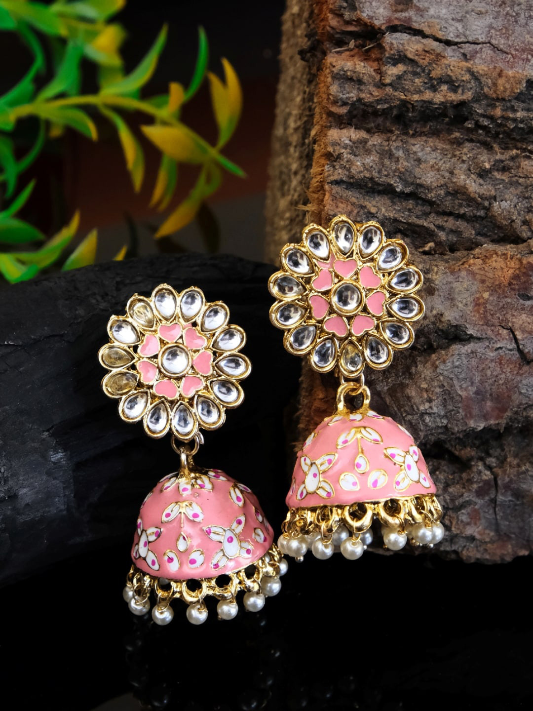 Crunchy Fashion Pinlk & Off-White Gold-Plated Studded & Beaded Enamelled Jhumkas