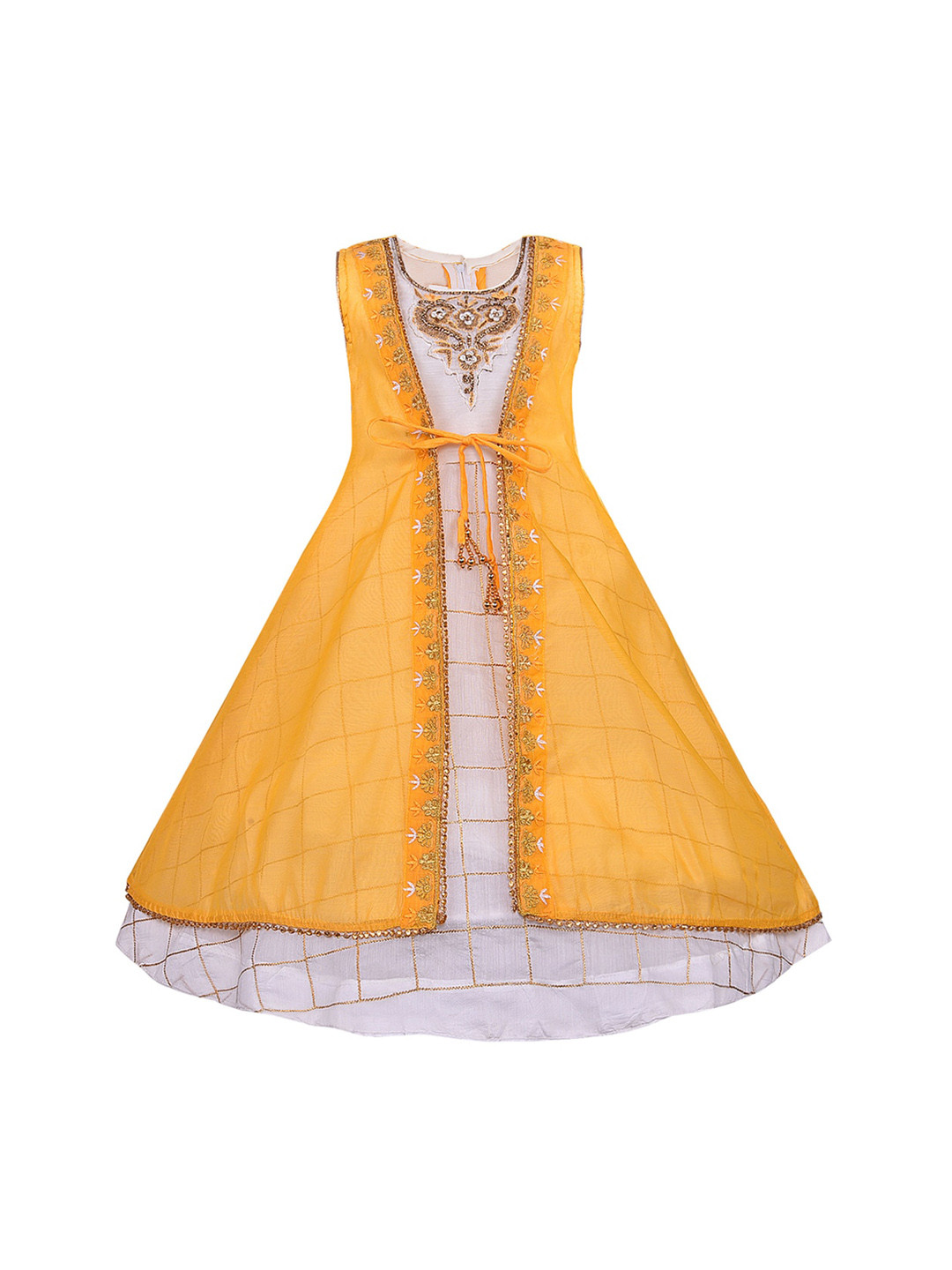 Wish Karo Girls Mustard Yellow Solid Layered Maxi Dress with Embroidered Detail