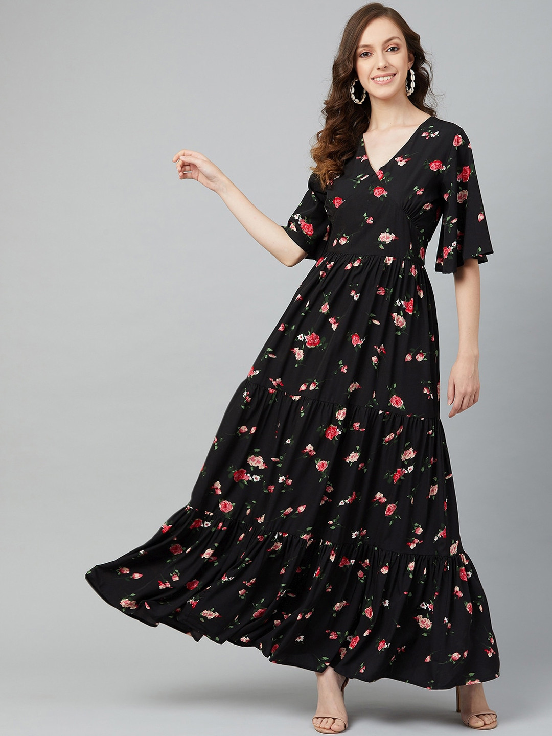 RARE Women Black & Red Floral Printed Maxi Dress With Flared Sleeves