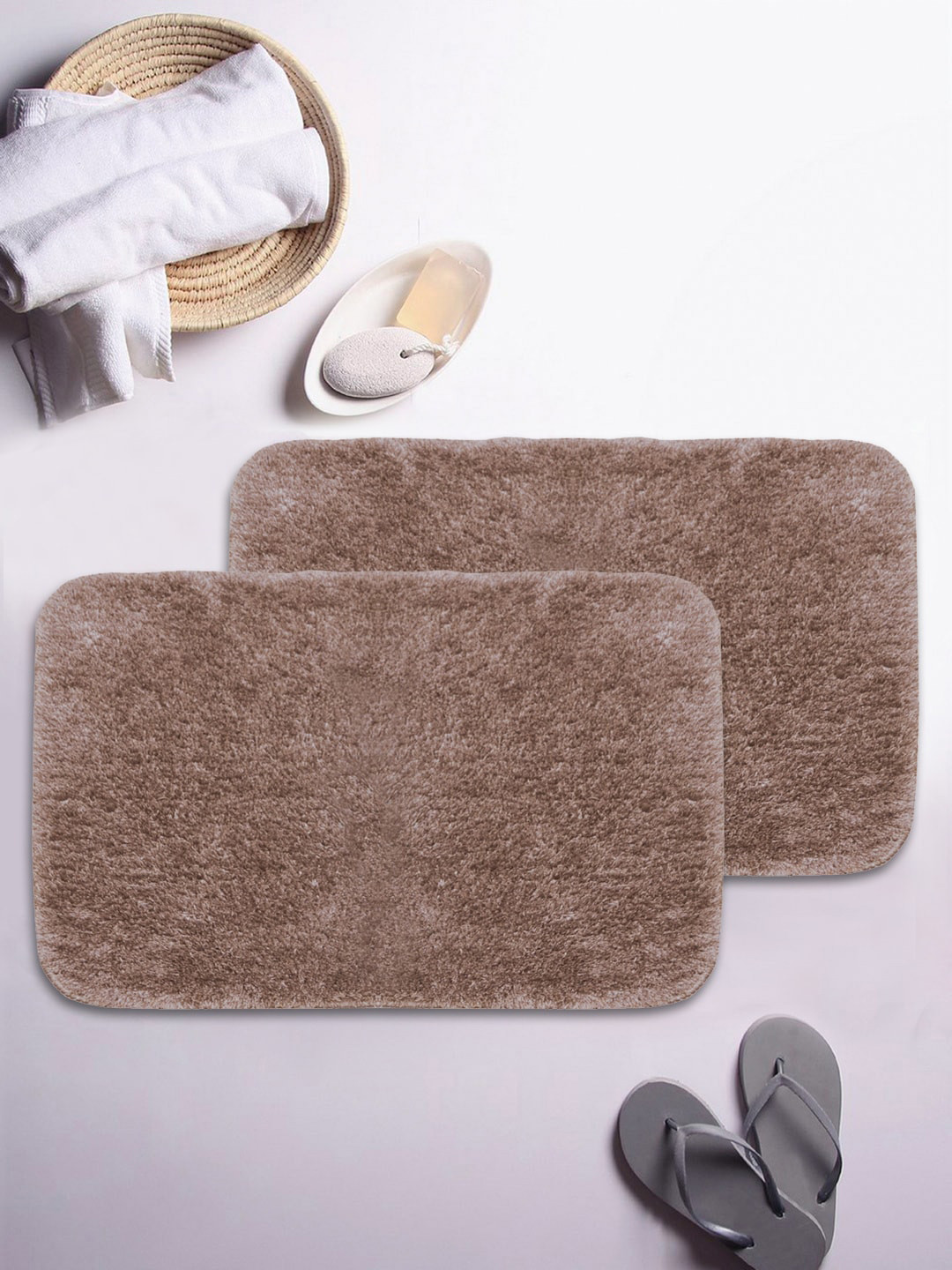 BIANCA Set of 2 Brown Solid 1850 GSM Anti-Skid Ultra-Soft Fluffy Bath Rugs