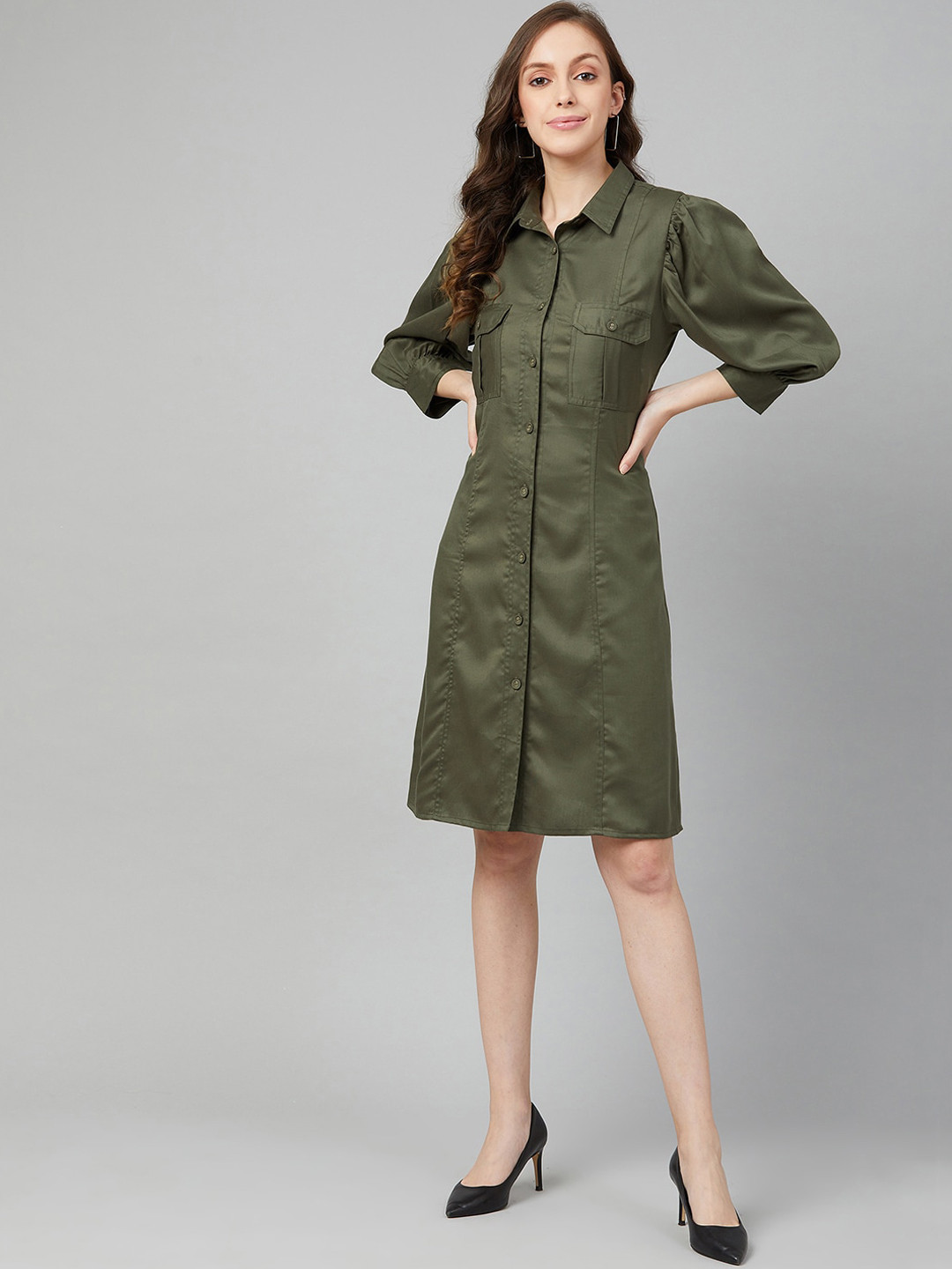 Marie Claire Women Green Solid Shirt Dress