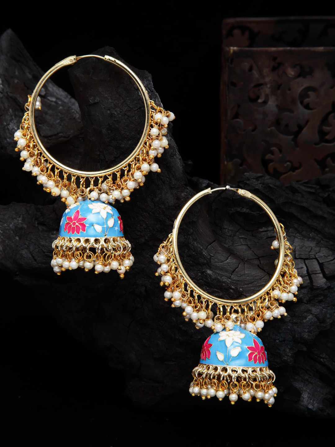 Shining Diva Blue & Gold-Toned Dome Shaped Jhumkas