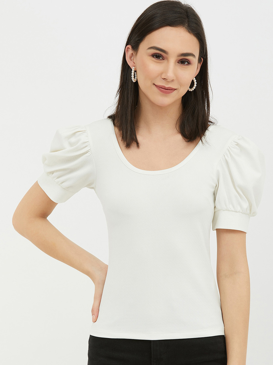 Harpa White Puff Sleeves Regular Top