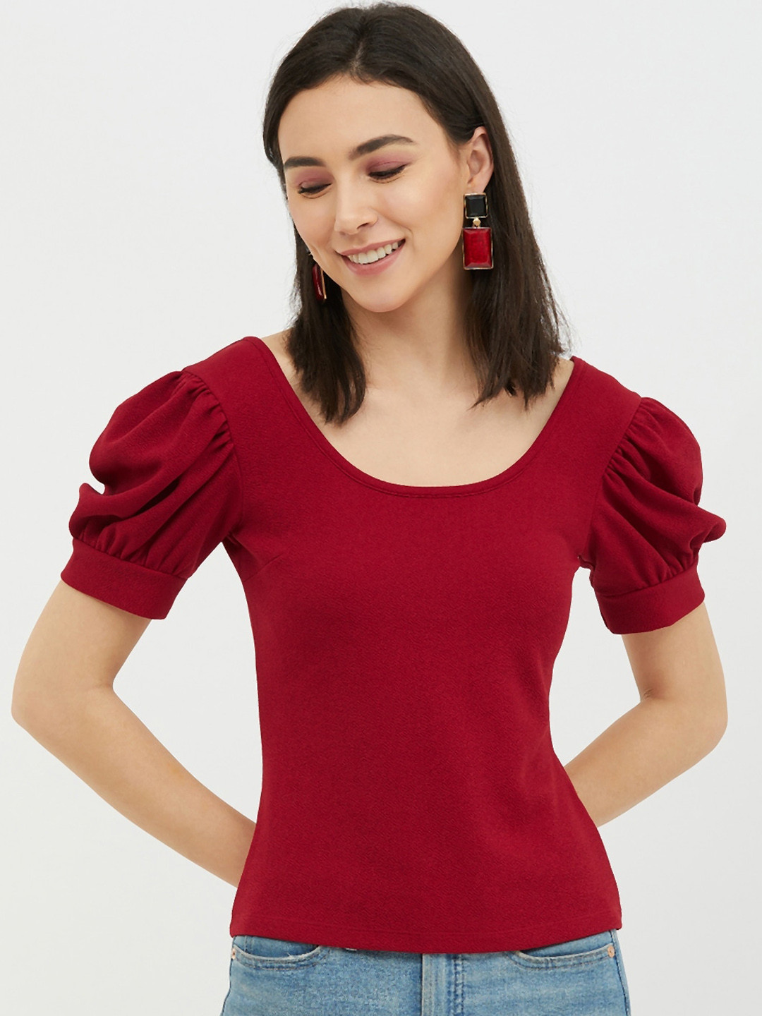 Harpa Maroon Puff Sleeves Regular Top