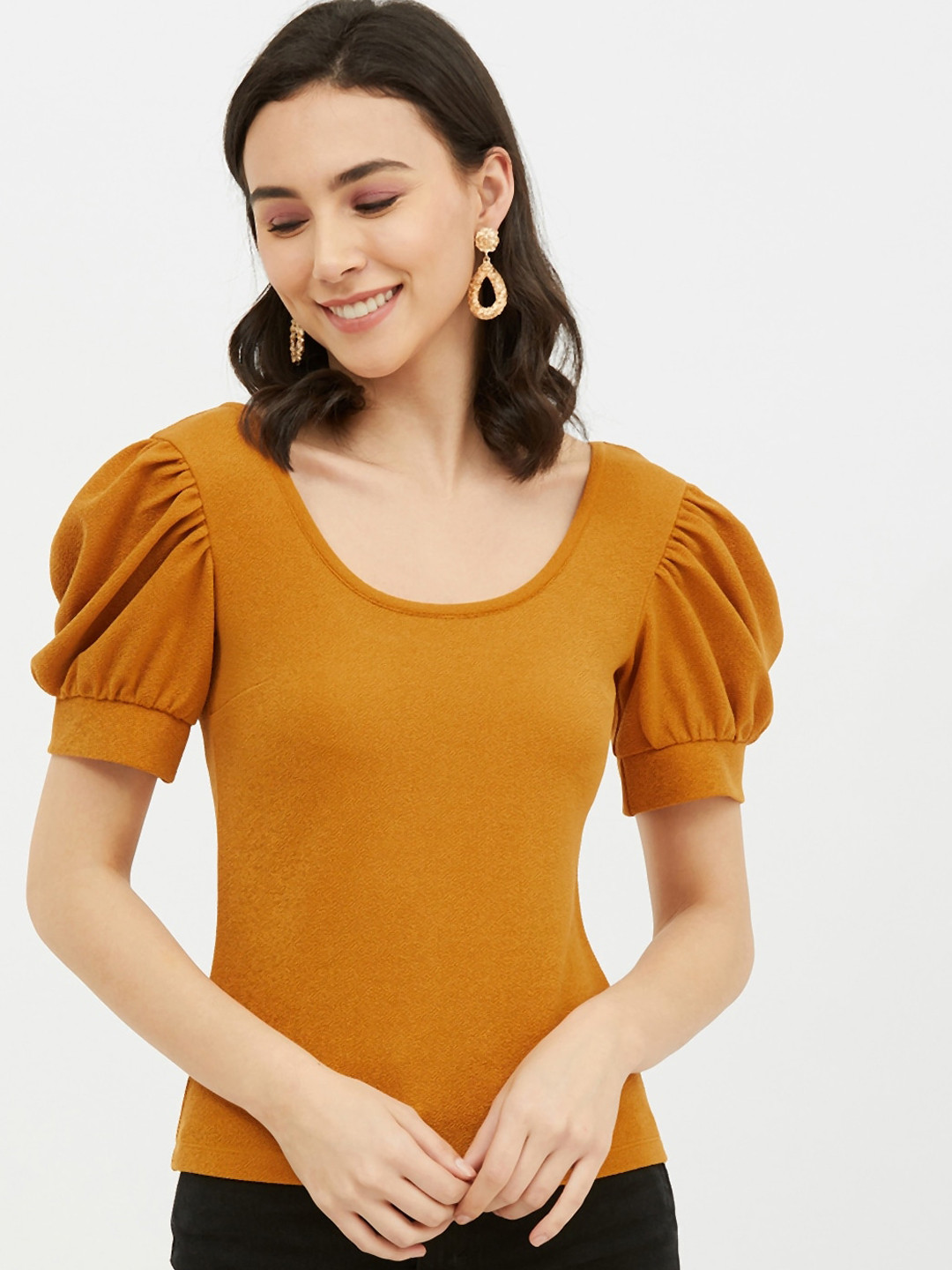 Harpa Mustard Yellow Solid Puff Sleeves Regular Top