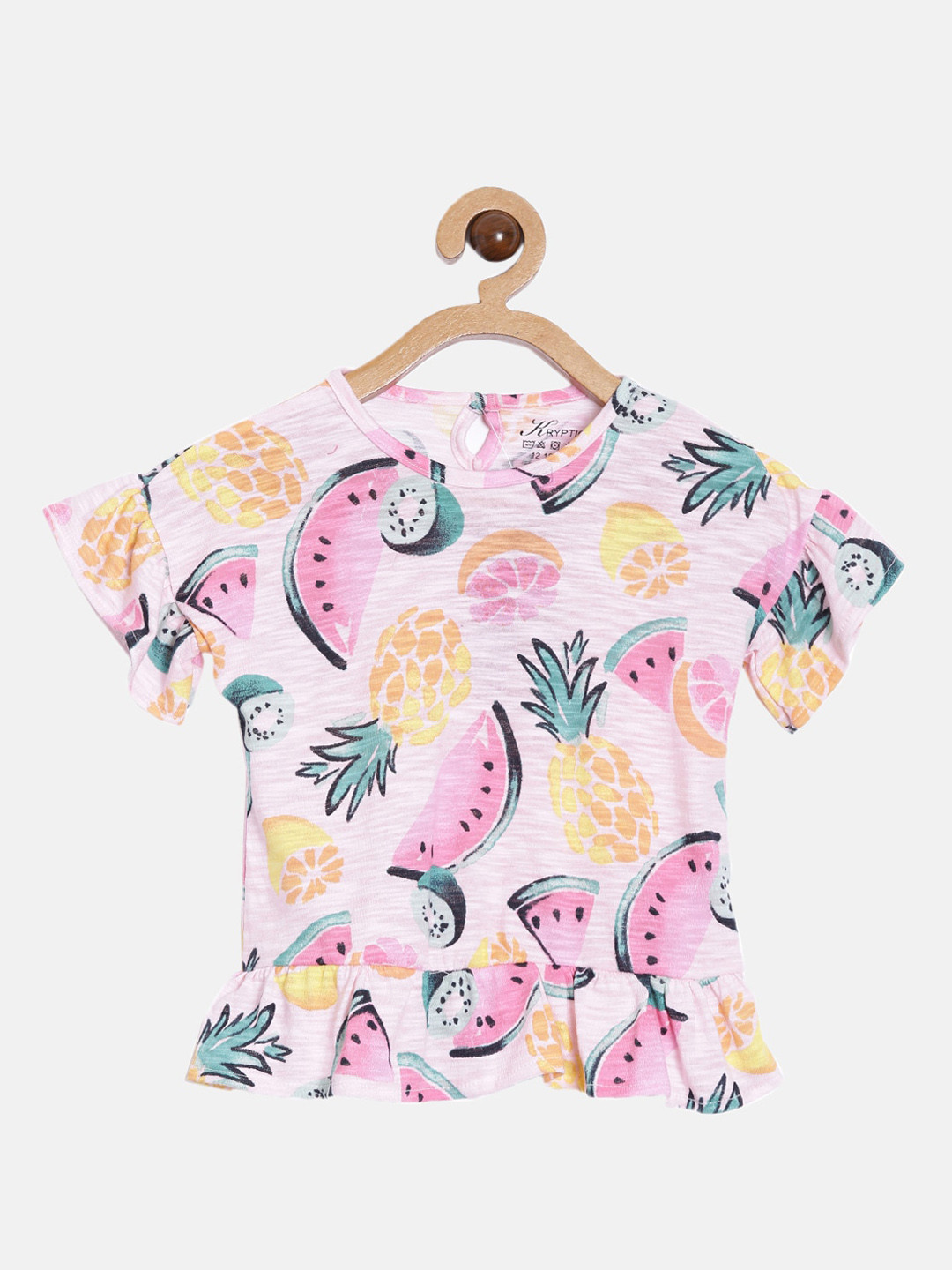 Kryptic Pink & green Pineapple Print Pure Cotton Bell Sleeves Peplum Top