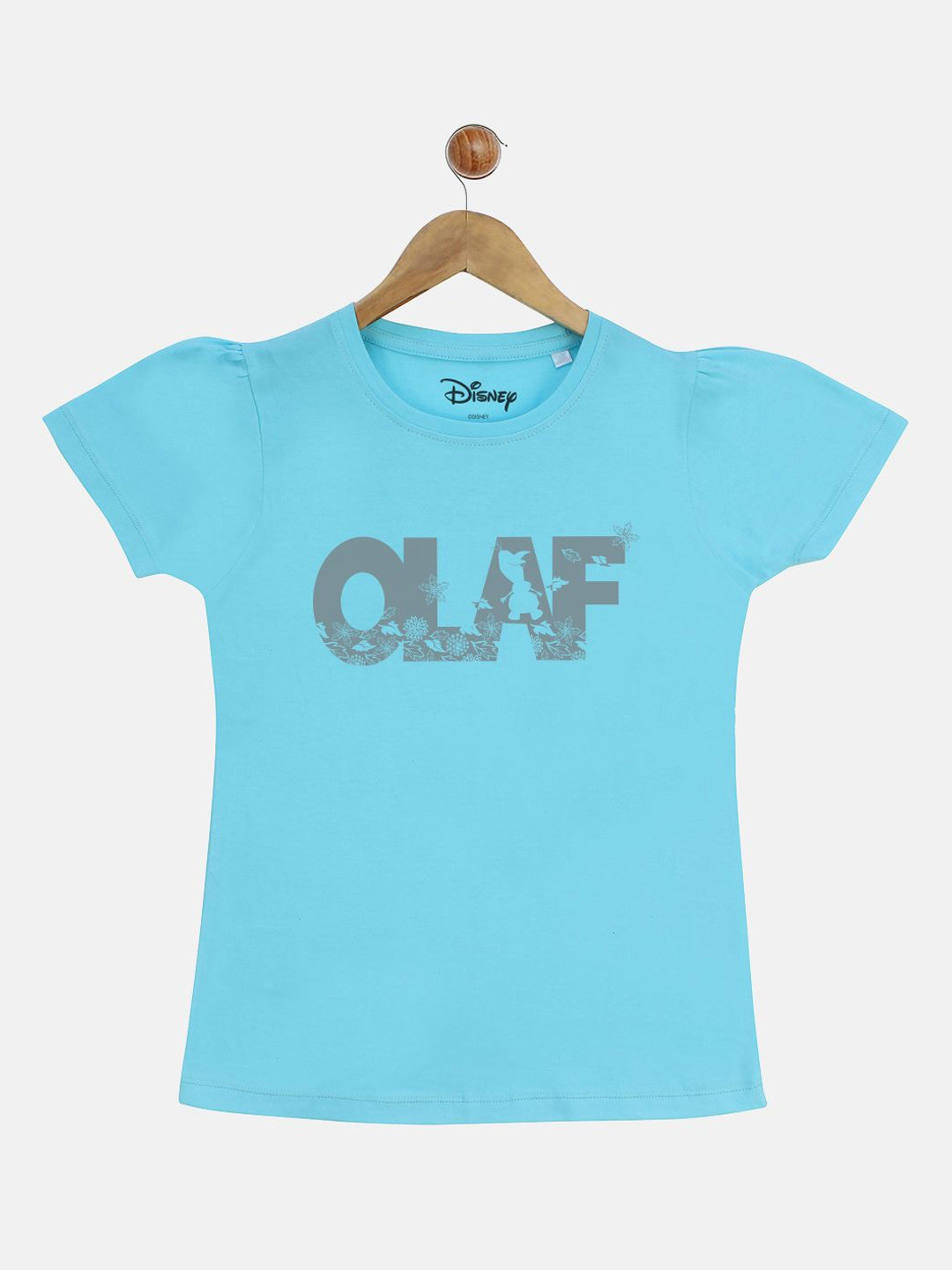 YK Disney Girls Blue Frozen Olaf Print Round Neck Puff Sleeves T-shirt