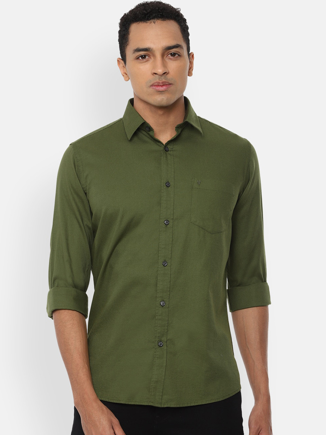 Van Heusen Sport Men Olive Green Pure Cotton Slim Fit Solid Casual Shirt