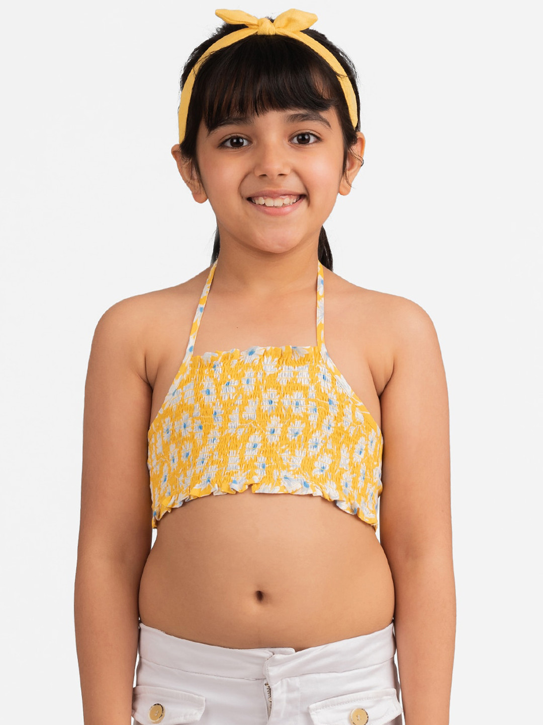 KIDKLO Girls Yellow & White Floral Printed Halter Neck Smocked Bralette Crop Top