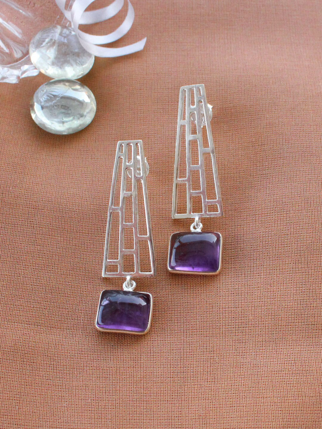 ERILINE JEWELRY Silver-Toned & Purple Geometric Drop Earrings