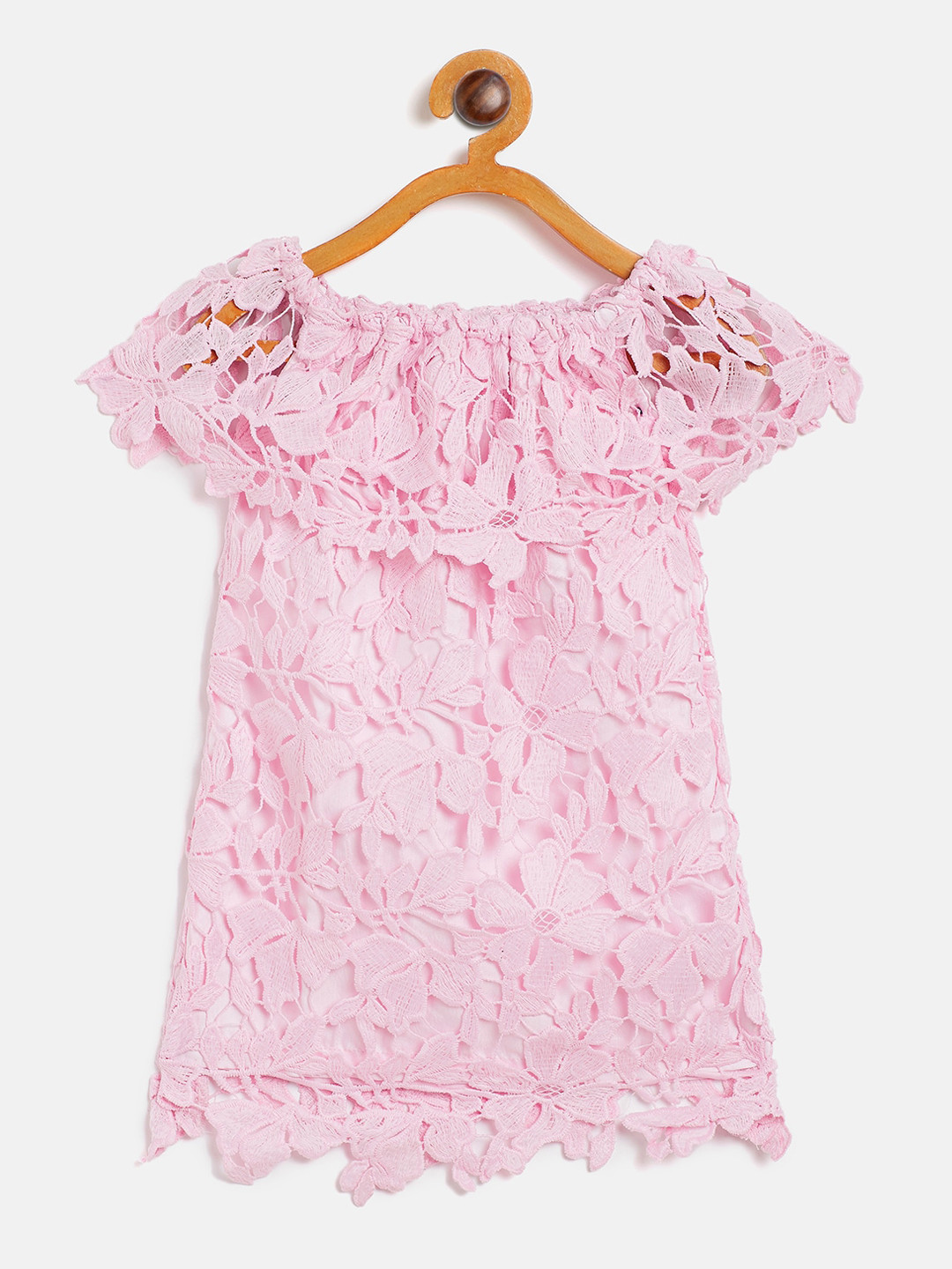 KIDKLO Girls Pink Lacey Off Shoulder A-Line Dress