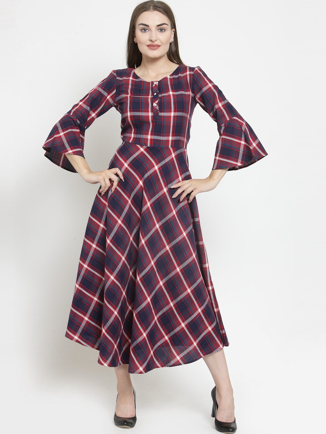 Purple State Women Navy Blue & Maroon Checked Fit and Flare Dress