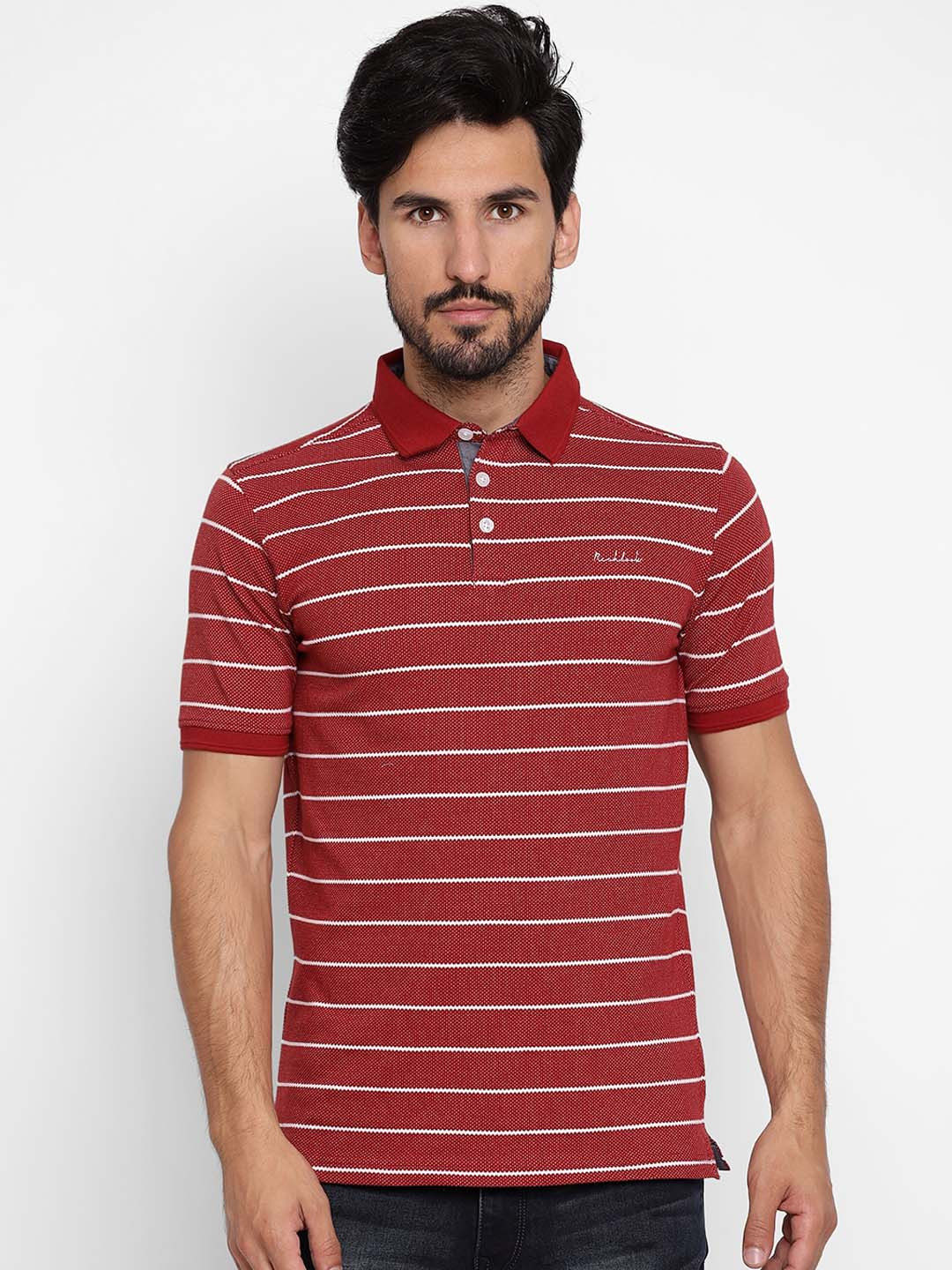 Richlook Men Maroon & White Striped Polo Collar T-shirt