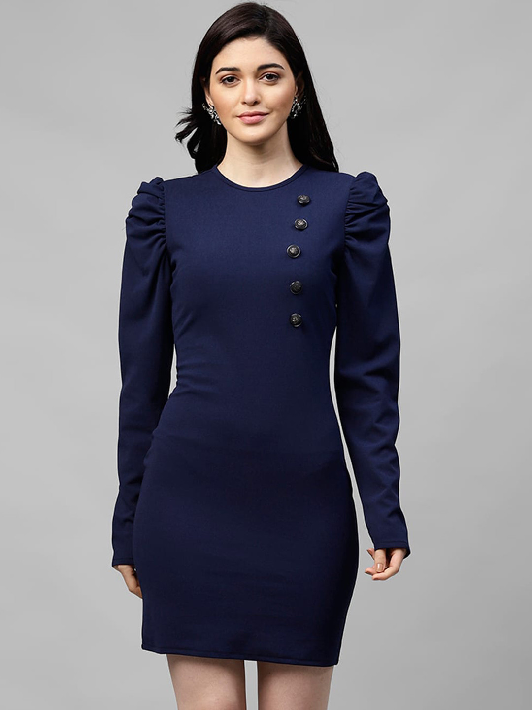 Athena Women Navy Blue Solid Sheath Dress With Puff Sleeves