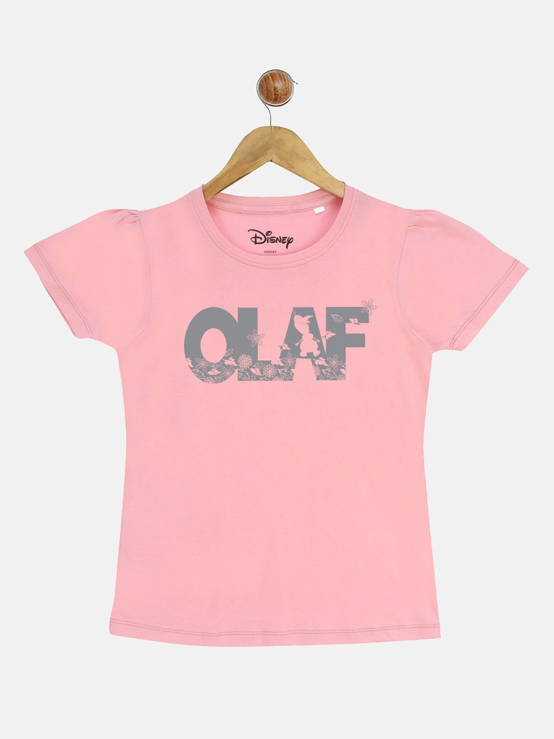 YK Disney Girls Pink Frozen Olaf Print Round Neck Puff Sleeves T-shirt