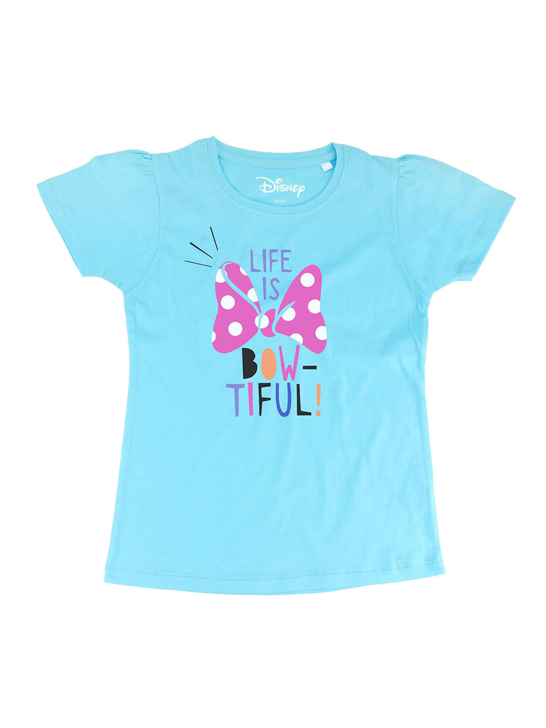 Minnie Girls Blue Printed Round Neck T-shirt