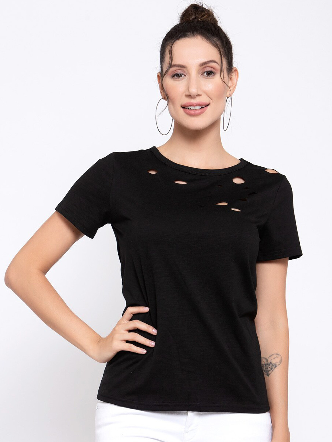 iki chic Women Black Solid Round Neck T-shirt with Cut-Outs