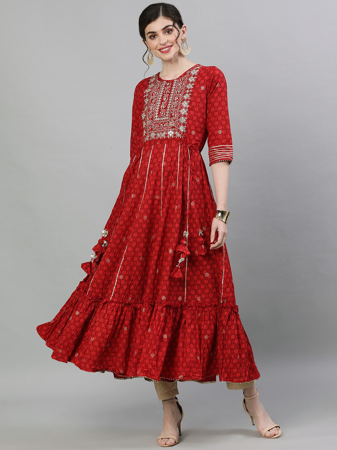 Ishin Women Red Floral Yoke Design Floral Anarkali Kurta
