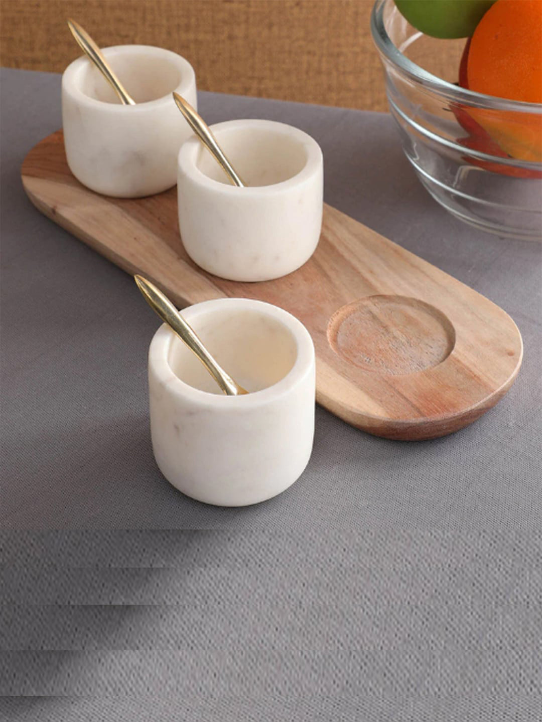 NikkisPride White & Gold-Toned 5 Pieces Marble spice box With Spoon & Wooden Tray