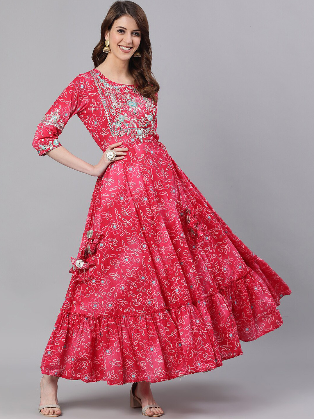 Ishin Women Pink Bandhani Embroidered Block Print Cotton Anarkali Kurta