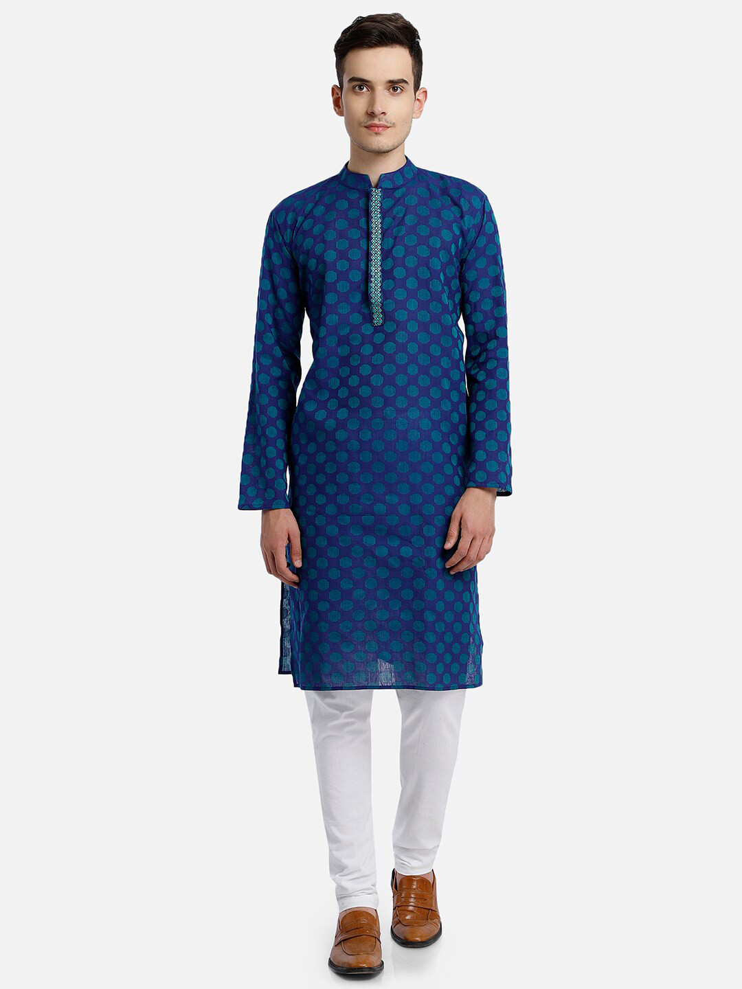 PAROKSH Men Blue Woven Design Cotton Thread Work Handloom Kurta
