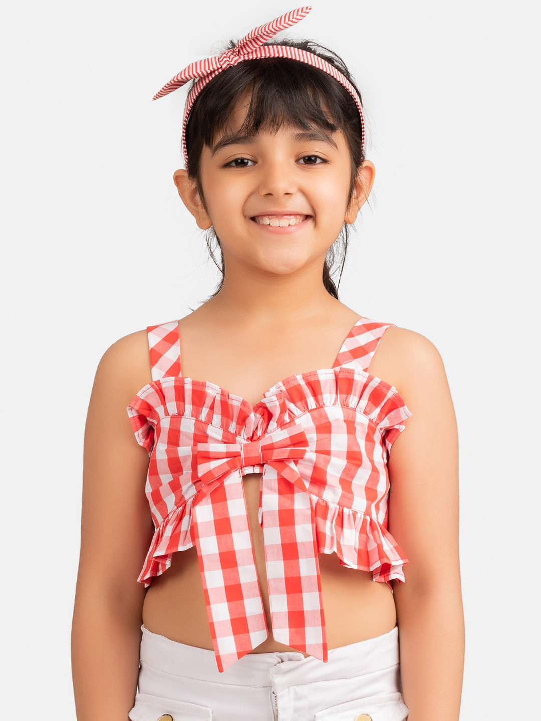 KIDKLO Girls Red & White Checked Pure Cotton Ruffled Crop Top With Bow Detailing