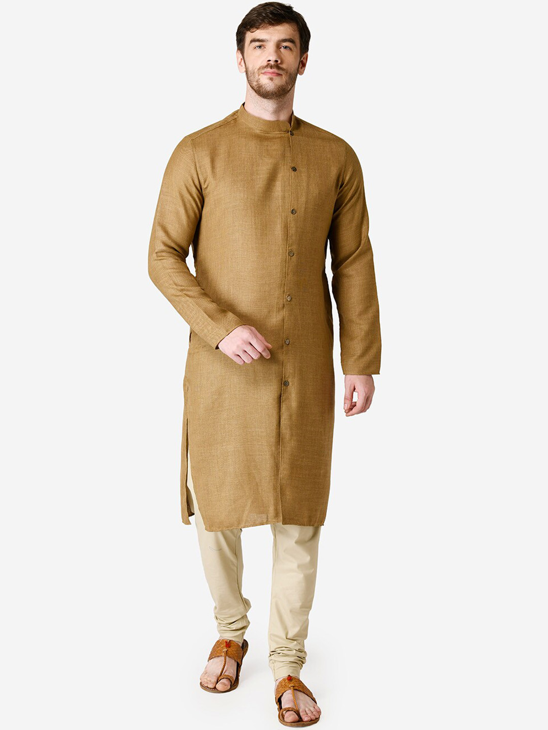 TABARD Men Brown & Beige Solid Cotton Kurta with Churidar
