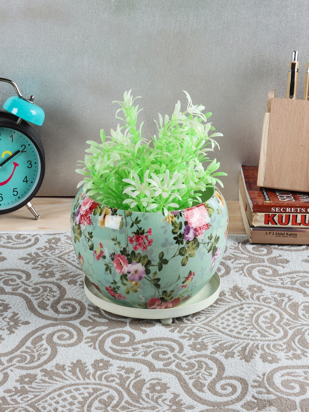 INCRIZMA Mint Green & Pink Printed Designer Plant Pot Including Rust Free Metal Stand