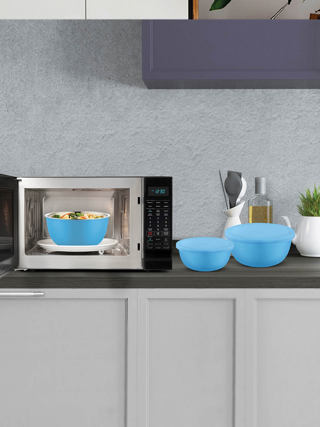 Jensons Flora Blue Plastic Dishwasher Safe 3 Piece Flip Top Bowl Container