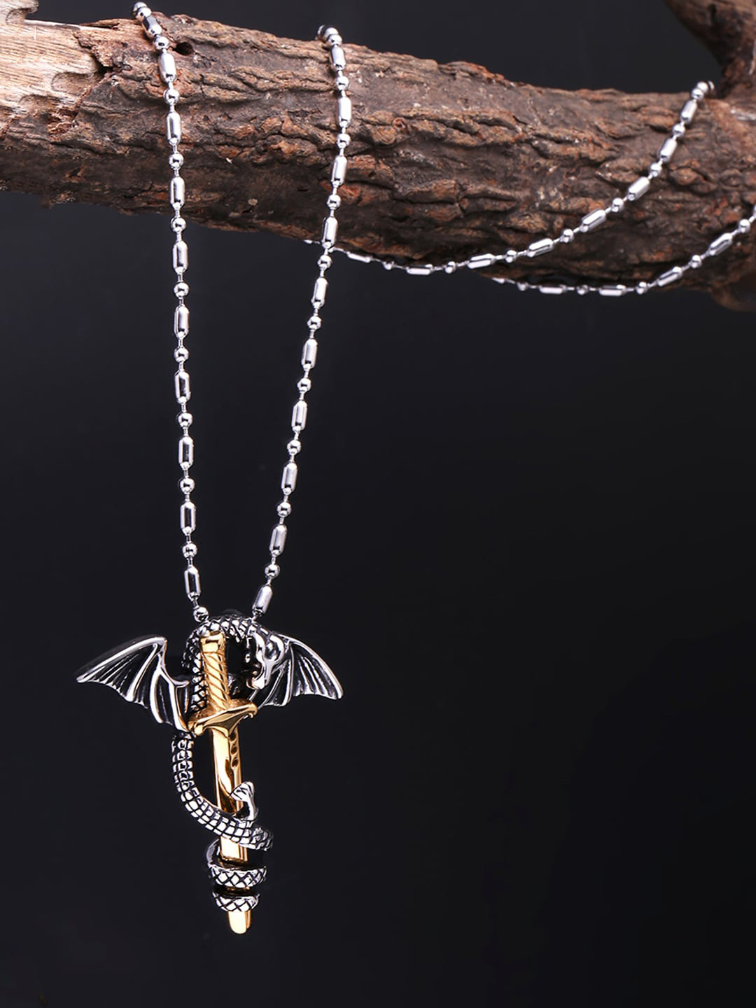 Yellow Chimes Men Silver-Toned Sword Dragon-Shaped Pendant With Chain