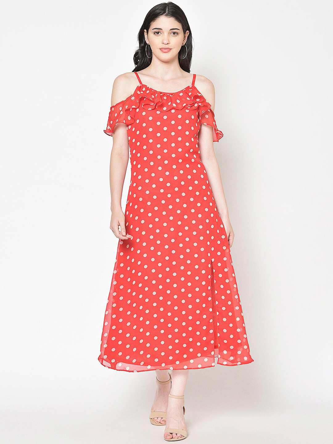 Cation Women Red & White Polka Dot Print Midi A-Line Dress